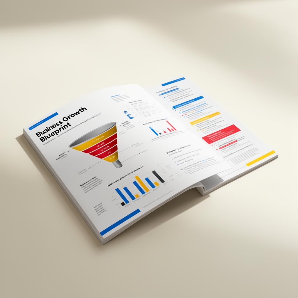 Business Growth Blueprint — printed report with funnel diagram and growth charts